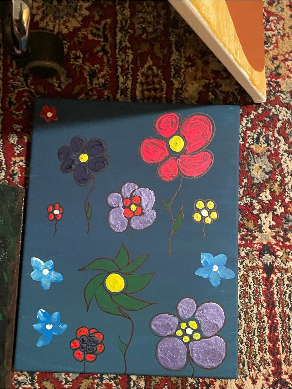 Hand-Painted Floral Canvas in Navy, Purple, Red, Blue, Green